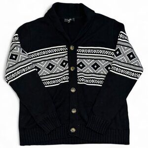 Mountain Ridge Black Cardigan Abstract Knit Sz L Cozy Eclectic Cabincore Cotton